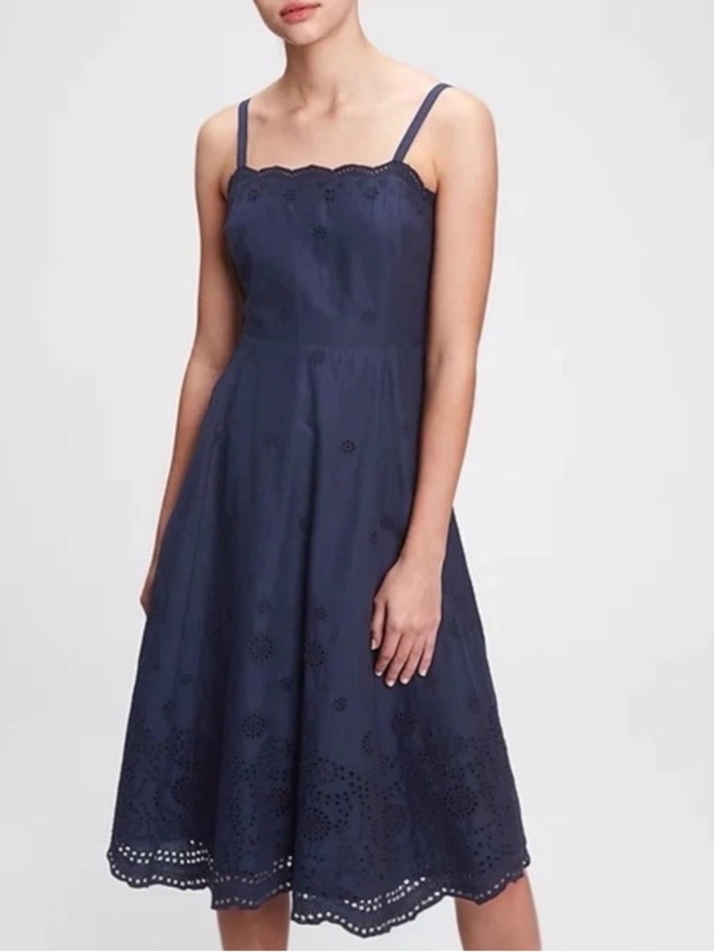 GAP Navy Blue Floral Eyelet Embroidered Midi Dress Smocked Back Size 12
